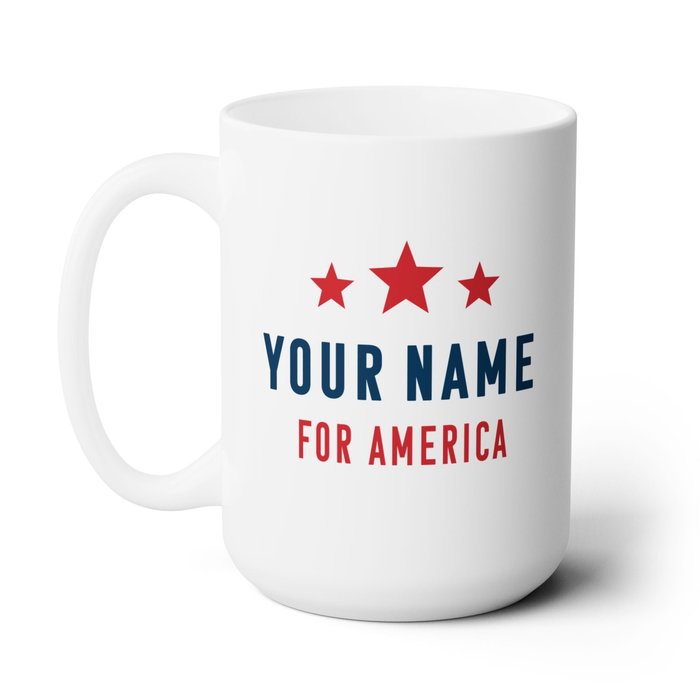 white mug with red white and blue American design with typography that says Your Name for America with Red Stars sitting on a white background