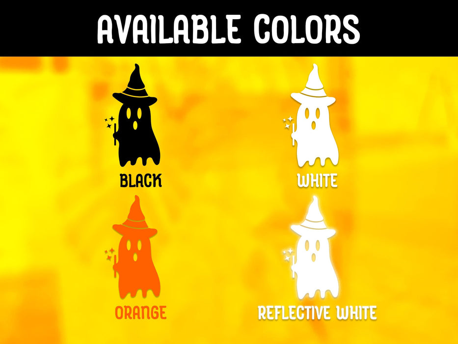 Ghost Witch sticker comes in the following colors: black, white, orange, and reflective white.