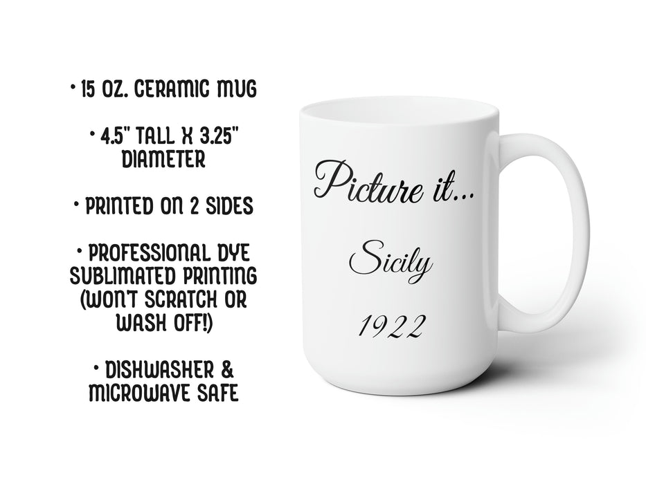 15 oz. ceramic mug 4.5 tall x 3.25 diameter printed on 2 sides professional dye sublimated printing (wont scratch or wash off!) dishwasher and microwave safe