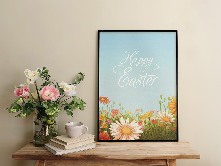 happy easter print with a colorful meadow of spring flowers in a black frame sitting ontop of wooden table next to potted flowers and a book and ceramic tea cup