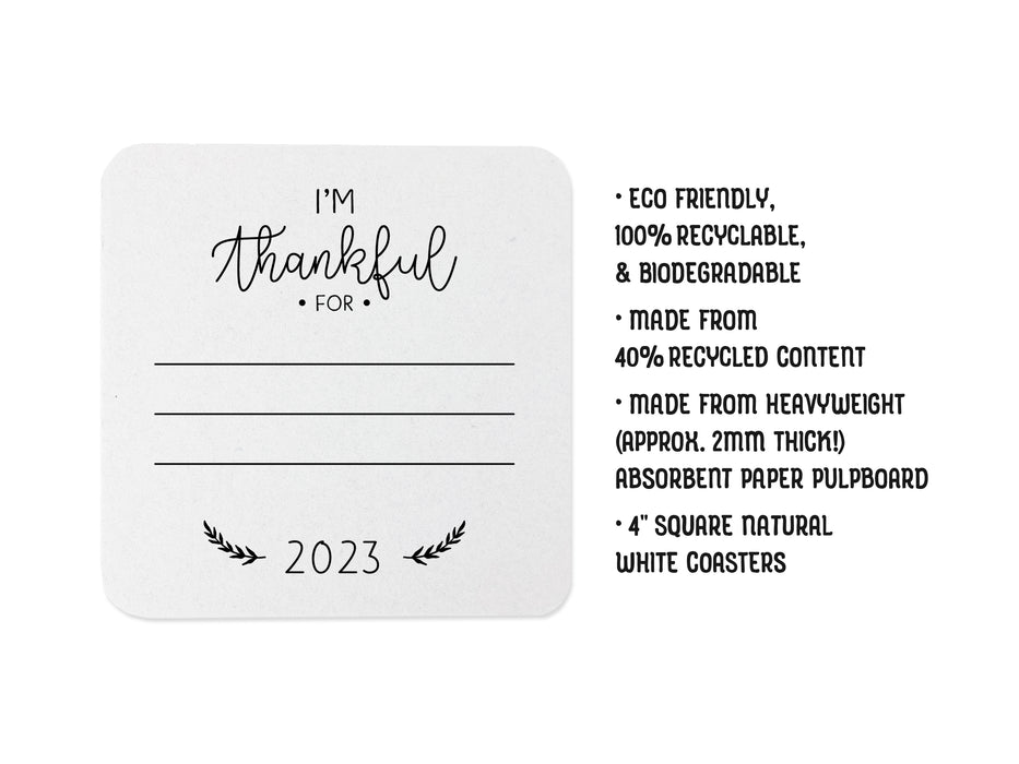 Single coaster beside text. Text says: Eco friendly, 100% recyclable, & biodegradable, Made from 40% recycled content, Made from heavyweight (approx. 2mm thick!) absorbent paper pulpboard, 4 inch Square Natural White Coasters