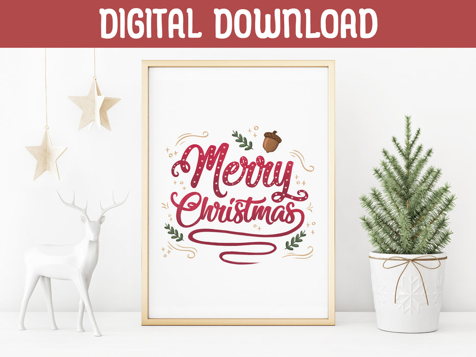 gold framed merry christmas typography print surrounded by holiday decor such as a gold hanging stars, a white deer statue, and a mini pine tree in a white plant pot