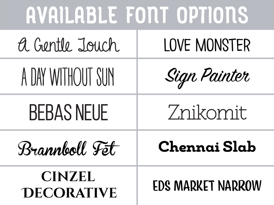 Available Font Options A Gentle Touch Love Monster A Day Without Sun Sign Painter Bebas Neue Znikomit Brannboll Fet Chennai Slab Cinzel Decorative Eds Market Narrow