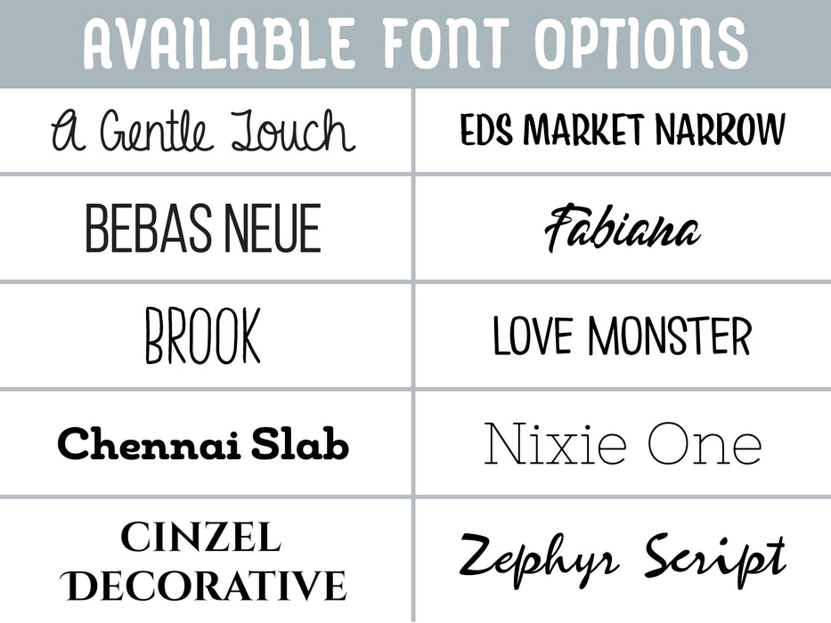 Available Font Options include A Gentle Touch, Bebas Neue, Brook, Chennai Slab, Cinzel Decorative, Eds Market Narrow, Fabiana, Love Monster, Nixie One, Zephyr Script