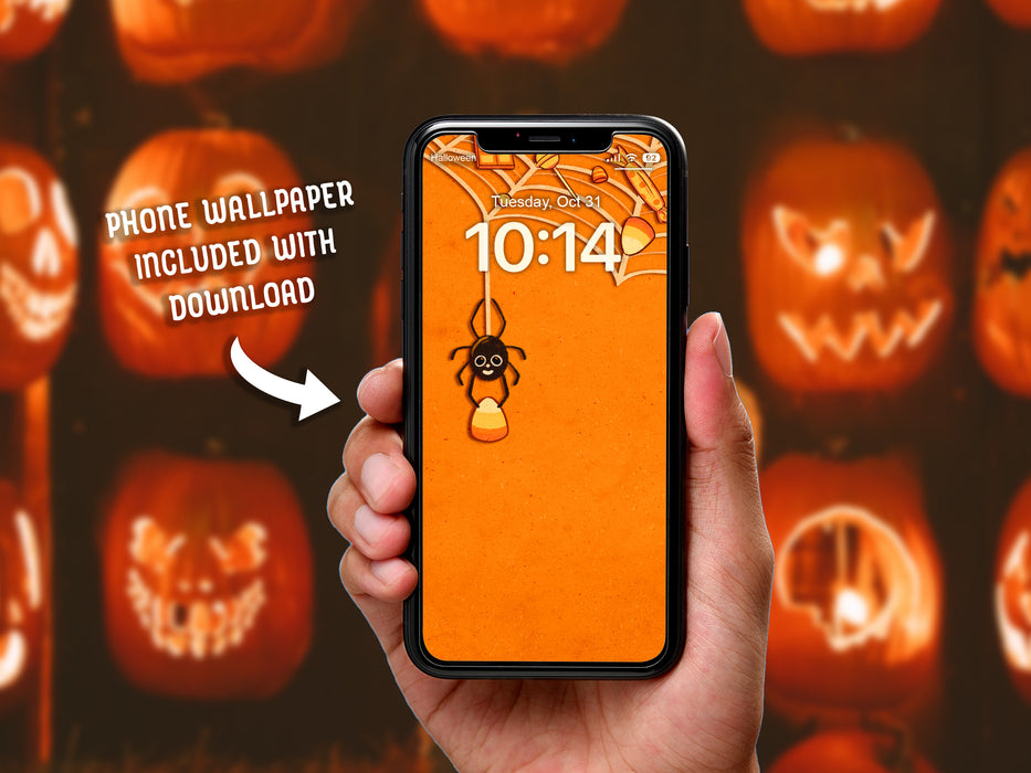 Phone Wallpaper Included with Download  Hand holding phone displaying Lock Screen with a halloween background of a spider holding a candy corn with a web full of candy against an orange background with jack o lanterns in the distance