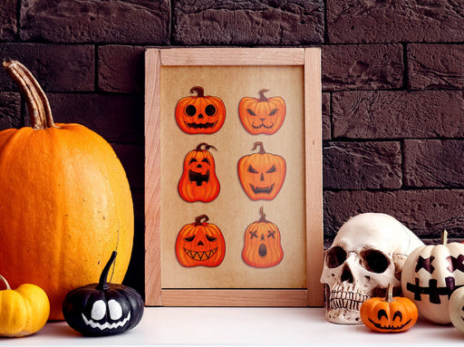 Single wooden frame of halloween art print with rows of pumpkins With different faces against a dark brown brick wall on a white countertop surrounded by pumpkins, jack o lanterns, and a skull