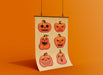 orange background with single poster of halloween retro vintage art of a grid of jack o lantern pumpkins with different faces with throwback patterns and textures,