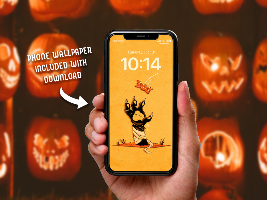 Phone Wallpaper Included with Download  Hand holding phone against jack o lantern background with Lock Screen displaying retro art of zombie mummy cat paw coming out of ground grabbing piece of candy