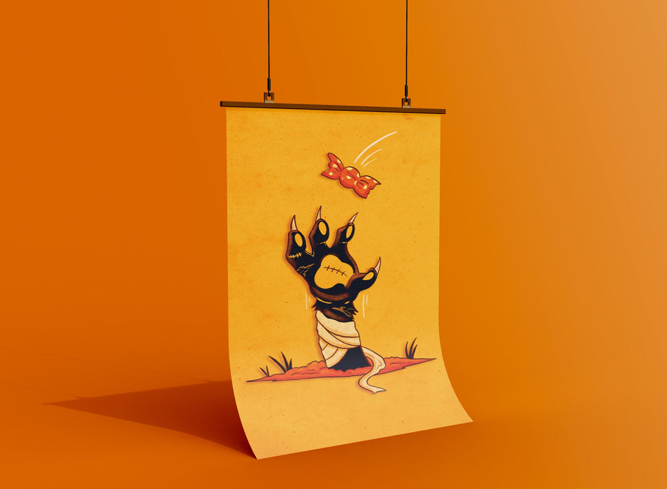 orange background with single poster of halloween retro vintage art of black cat zombie mummy coming from the ground reaching at a piece of candy