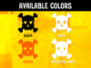 Skull and Crossbones sticker comes in the following colors: black, white, orange, and reflective white.