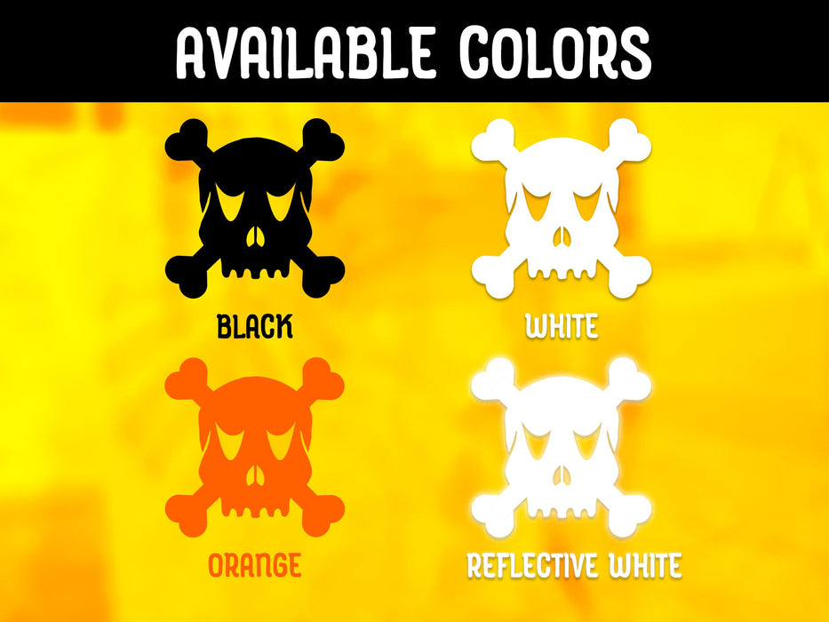 Skull and Crossbones sticker comes in the following colors: black, white, orange, and reflective white.