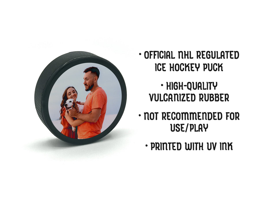 official NHL regulated ice hockey puck, high-quality vulcanized rubber, not recommended for use and play, printed with UV ink