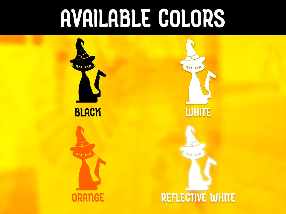 Witch Cat sticker comes in the following colors: black, white, orange, and reflective white.