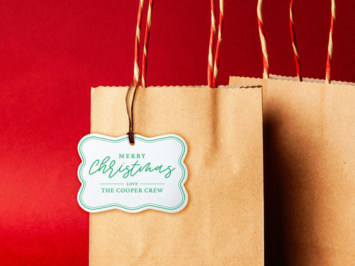 A white glitter cardstock Merry Christmas gift tag with green ink is shown hanging from a brown, craft paper gift bag. The bag is on a red backdrop.