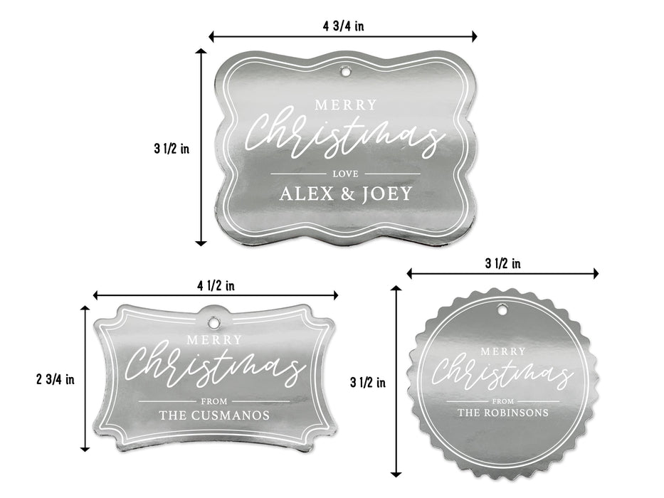 Silver foil cardstock Merry Christmas hang tags are shown on a white background. Tag A: 4 3/4 inches by 3 1/2 inches. Tag B: 4 1/2 inches by 2 3/4 inches.Tag C: 3 1/2 inches by  3 1/2 inches.