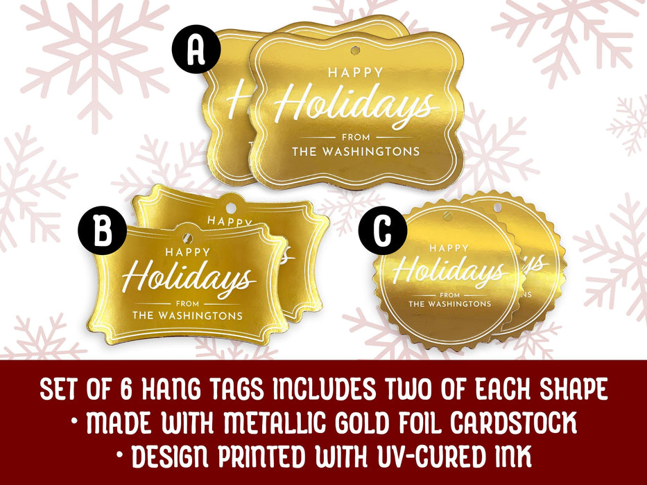 Hang tags on a white background with red snowflakes. Text reads: Set of 6 hang tags includes two of each shape. Made with metallic gold foil cardstock. Design printed with uv-cured ink.