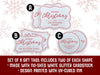 Gift tags are shown on a white background with red snowflakes. Text: Set of 6 gift tags includes two of each shape. Made with no-shed white glitter cardstock. Design printed with uv-cured ink