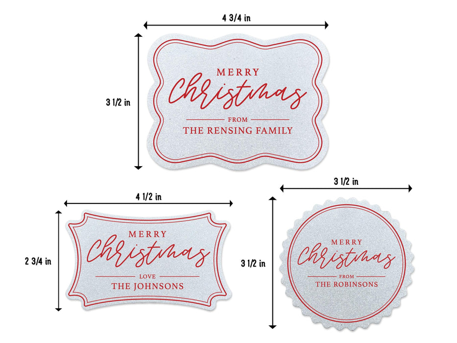 White glitter cardstock Merry Christmas tags are shown on a white background. Tag A: 4 3/4 inches by 3 1/2 inches. Tag B: 4 1/2 inches by 2 3/4 inches. Tag C: 3 1/2 inches by 3 1/2 inches.