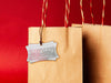 A silver foil cardstock Merry Christmas gift tag is shown hanging from a brown, craft paper gift bag. The bag is on a red backdrop.