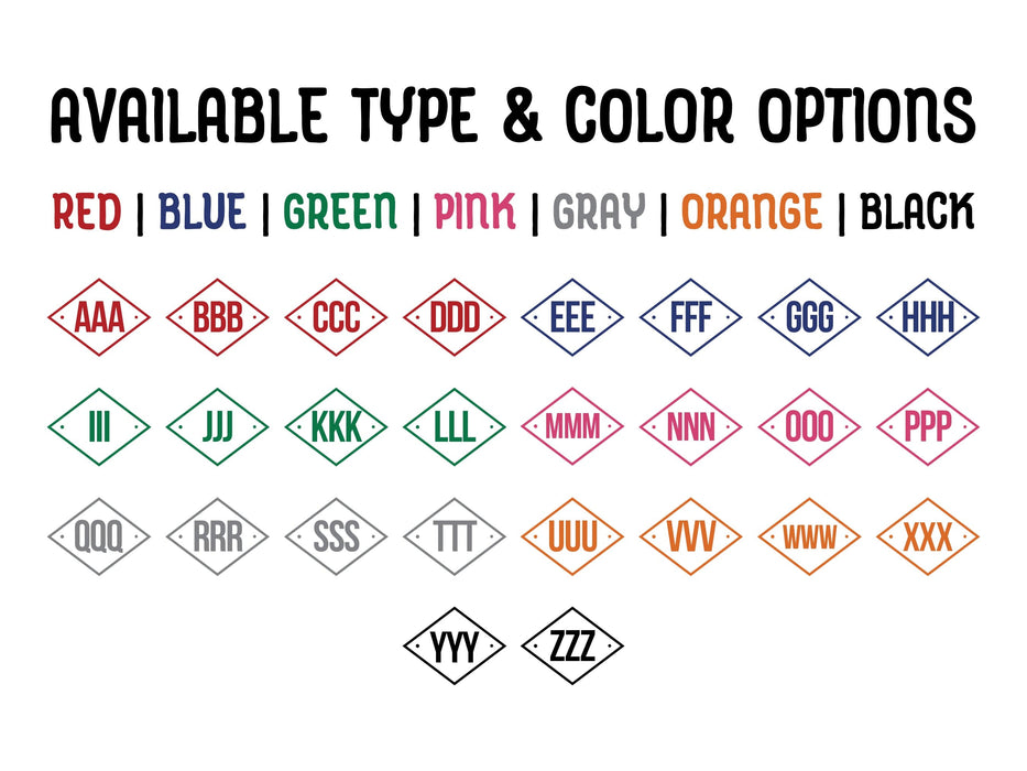 Available Type & Color Options Red, Blue, Green, Pink, Gray, Orange, Black All letters of alphabet displayed with monogram style.