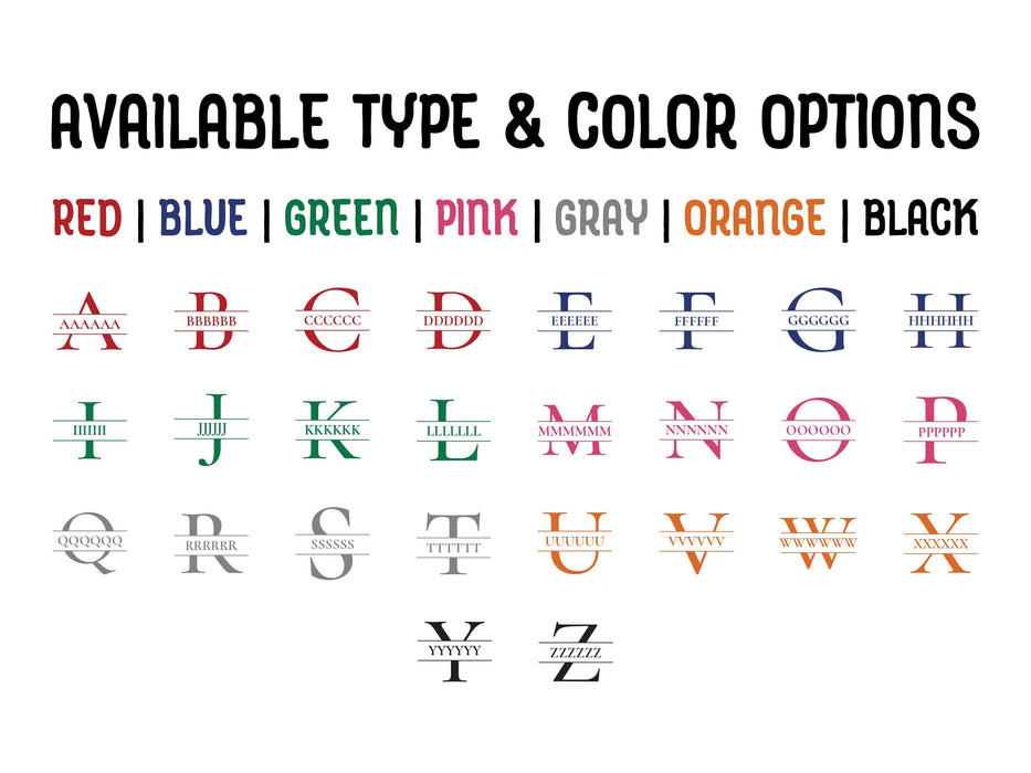 Available Type & Color Options Red, Blue, Green, Pink, Gray, Orange, Black All letters of alphabet displayed with monogram style.