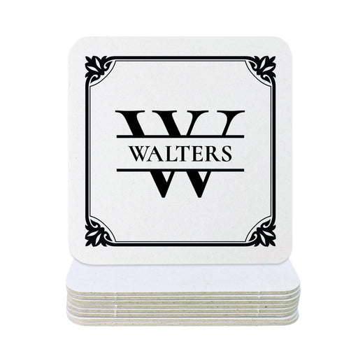 Single coaster is shown on top of a stack of coasters on a white background. Coasters feature Framed Monogram Family Name design. Design has a square ornamental frame around a monogram for the last name "Walters". Design is printed on a white coaster.