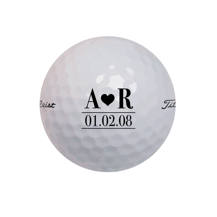 initials and heart design printed on golf ball