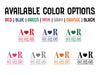 available color options include red, blue, green, pink, gray, orange, and black