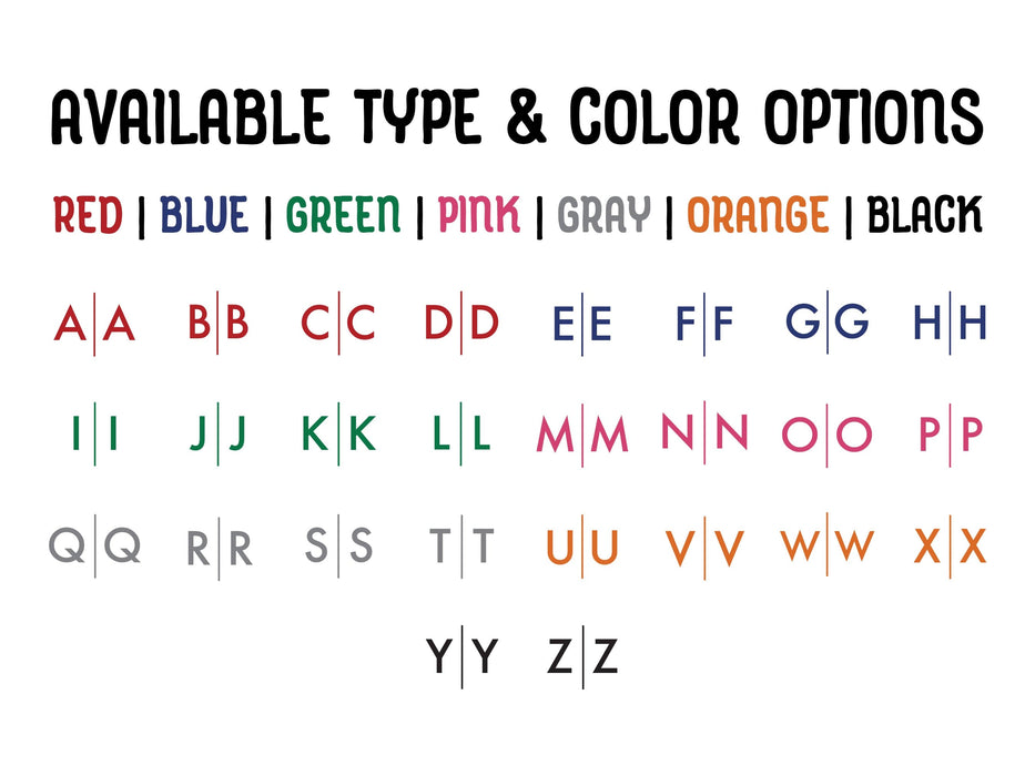 Available Type & Color Options Red, Blue, Green, Pink, Gray, Orange, Black All letters of alphabet displayed with monogram style.