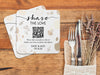 wood table with a custom wedding photo gallery QR code coaster next to silverware
coaster says share the love, please share your photos with us simply scan with your phone and upload
Emily and Alex with the date