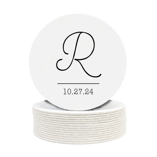 A stack of coasters are shown against a white background. Coasters feature Monogrammed Initial design. This design can be customized with a large initial and date in black writing on a plain, white background.