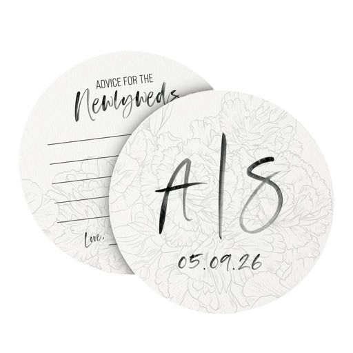 Two coasters are shown stacked on top of each other a white background. Coasters show the front and back of the Floral Initial design. This design uses black ink on both sides with floral line art and brush script text.