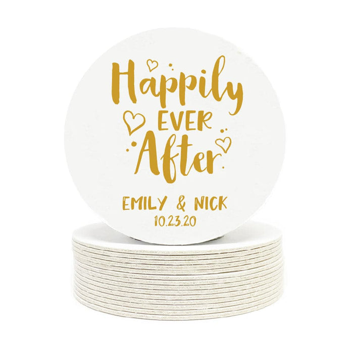 Single coaster is shown on top of a stack of coasters on a white background. Coasters feature Happily Ever After design. Design shows the text “Happily Ever After” with couple’s names. Design is printed in gold on a white round coaster. These coasters also feature illustrative hearts and dots on them.