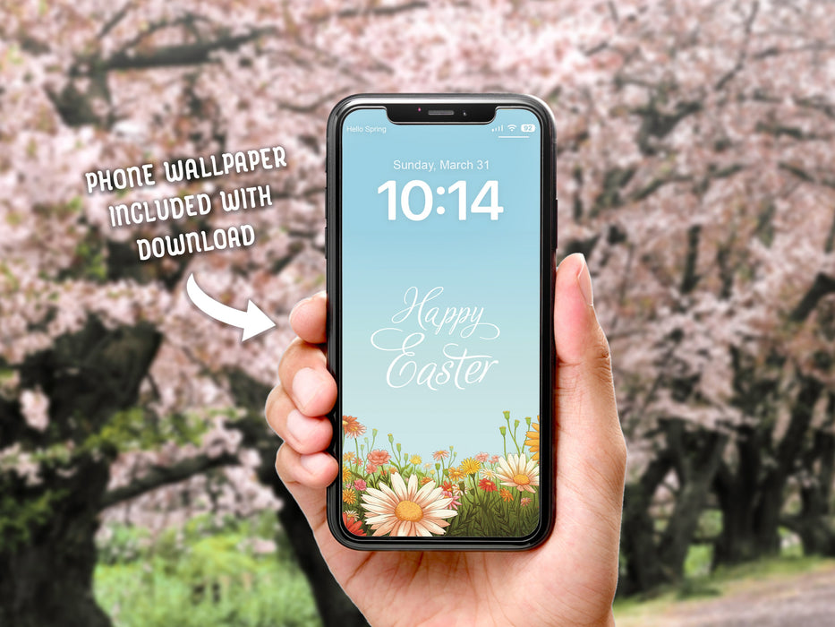 Phone Wallpaper Included with Download
Image of a hand holding a phone with easter phone wallpaper with cherry blossom trees in the background