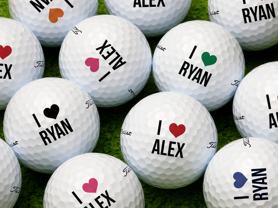 various golf balls with multicolored I Love Custom Name designs