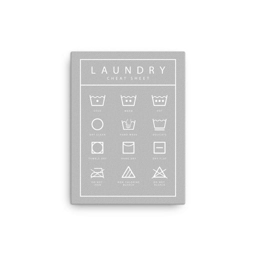 Canvas print with Laundry Cheet Sheet design. Design features a list of laundry icons. List has icons and text for cold, warm, hot, do not iron, dry clean, hand wash, delicate, non-chlorine bleach, tumble dry, hang dry, dry flat, do not bleach. Print is gray with details printed in white.