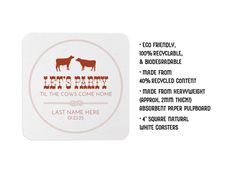 Single coaster beside text. Text says: Eco friendly, 100% recyclable, & biodegradable, Made from 40% recycled content, Made from heavyweight (approx. 2mm thick!) absorbent paper pulpboard, 4 inch Square Natural White Coasters