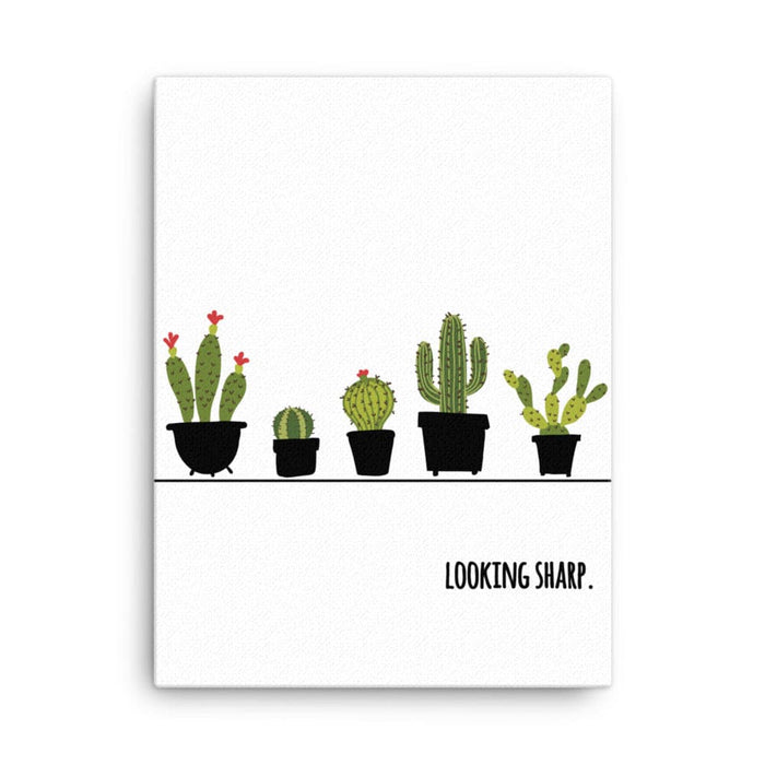 Canvas print with Looking Sharp design. Design features a variety of green cacti in pots with the words "Looking Sharp". Design is printed on a white canvas.