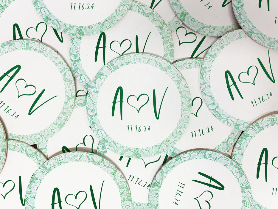 Personalized Green Heart and Lace Wedding Coasters