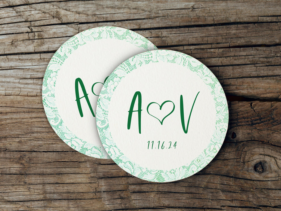 Personalized Green Heart and Lace Wedding Coasters