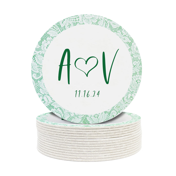 Personalized Green Heart and Lace Wedding Coasters