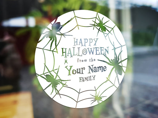 happy halloween family name vinyl sticker in front of blurred background