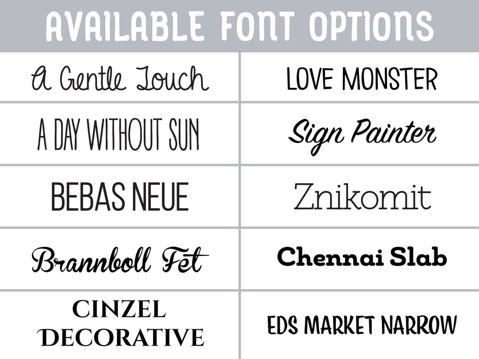 Available Font Options include A Gentle Touch, Love Monster, A Day Without Sun, Sign Painter, Bebas Neue, Znikomit, Brannboll Fet, Chennai Slab, Cinzel Decorative, Eds Market Narrow