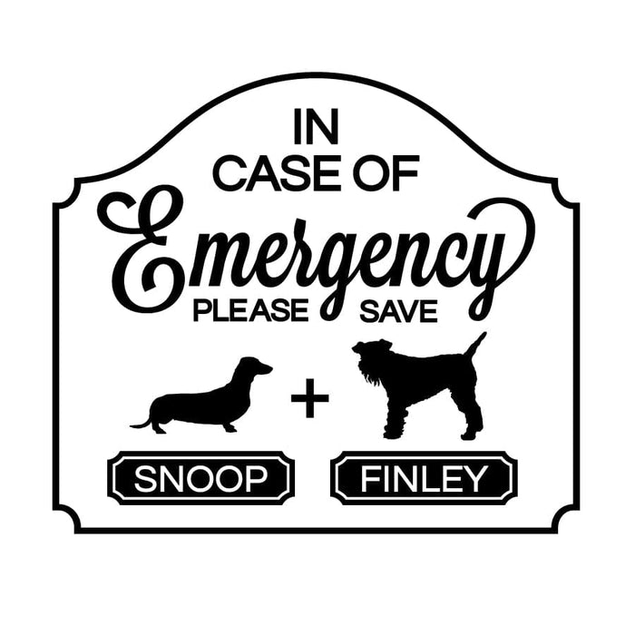 in case of emergency pet sticker with two dog silhouettes with the names snoop and Finley