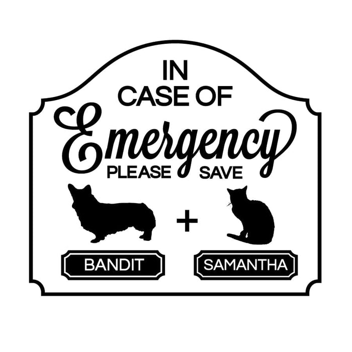 in case of emergency black pet sticker with a cat and dog silhouette with the names bandit and Samantha