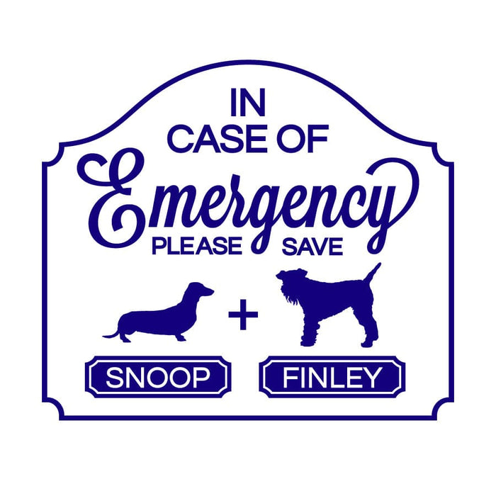 in case of emergency blue pet sticker with two dog silhouettes with the names snoop and Finley