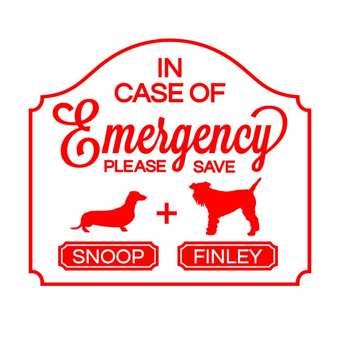 in case of emergency red pet sticker with two dog silhouettes with the names snoop and Finley