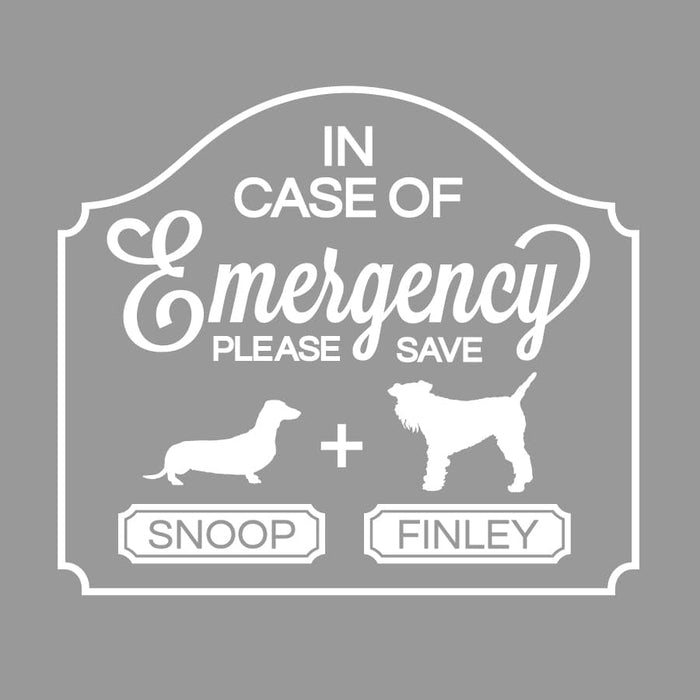 in case of emergency white pet sticker with two dog silhouettes with the names snoop and Finley