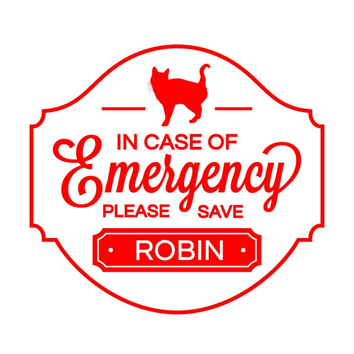 in case of emergency red pet sticker with a cat silhouette and the name Robin on it