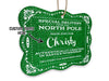 A green glitter cardstock hanging Santa gift tag is shown on a white surface. The text beside it reads, Custom Name Here.